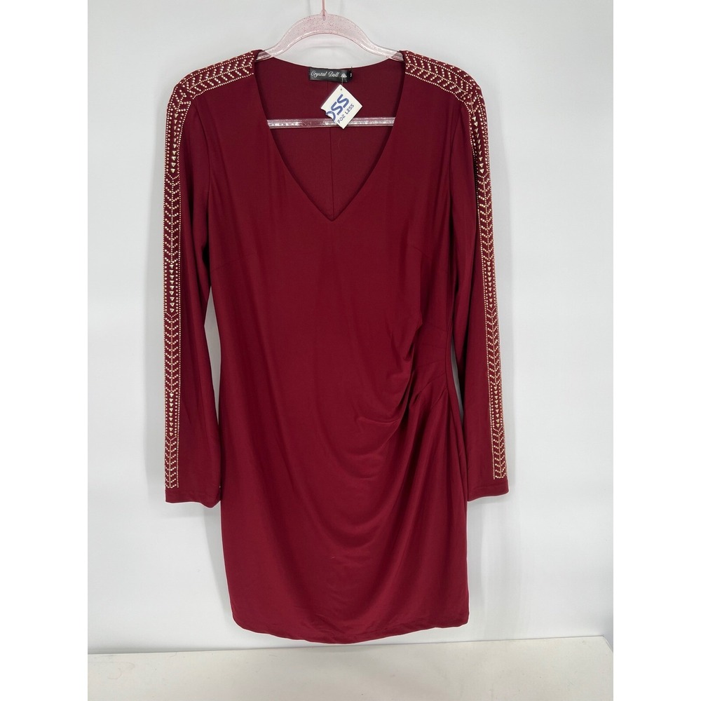 Crystal Doll Party Dress Gold Embellished Long‎ Sleeve V Neck Burgundy Size M